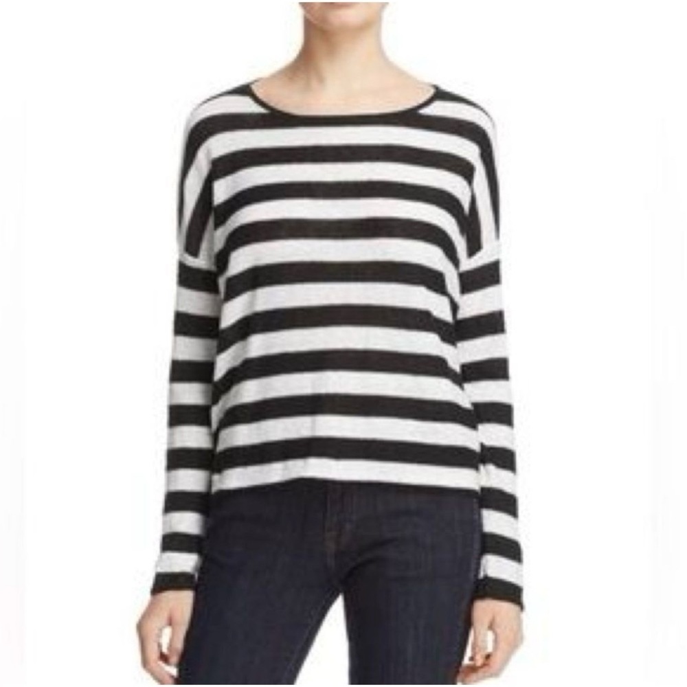 Eileen Fisher 100% Organic Linen Black White Lightweight Striped Sweater Size L